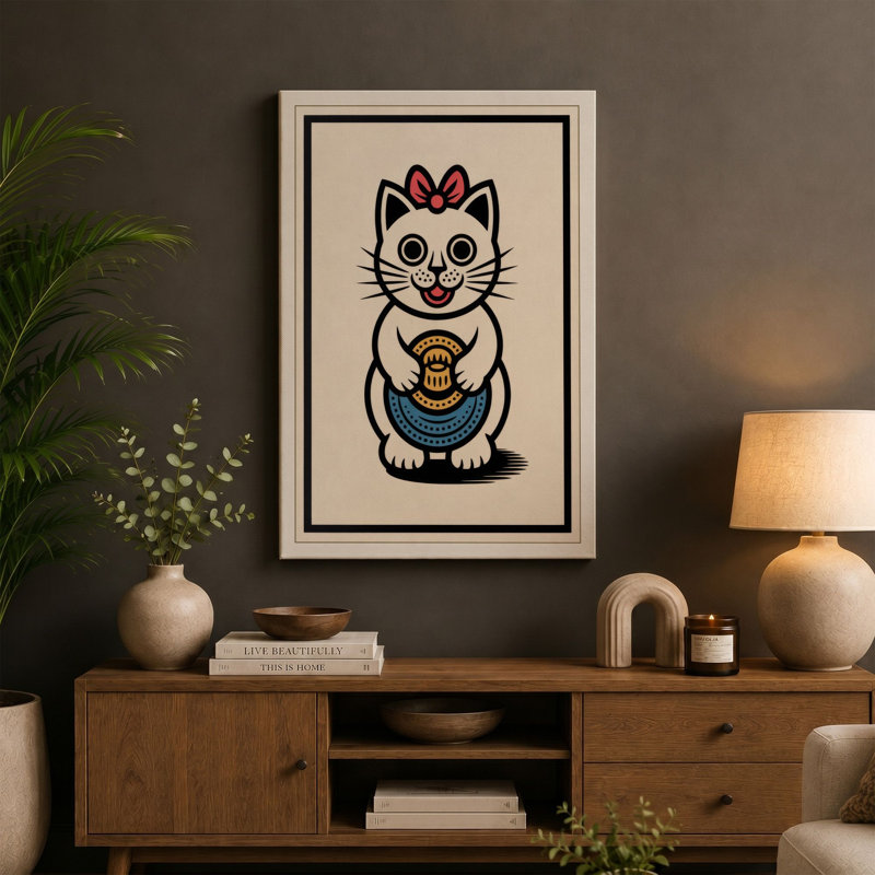 Welcoming Fortune Cat Japandi 1 Piece Wrapped Canvas Wall Art, 36x24 - 91.4 x 61.0 cm, White Border