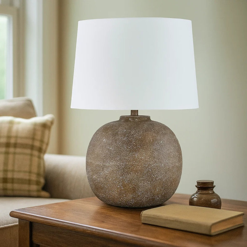 Lampe de table Vesy, impressions abstraites brunes, base ronde en métal de 25 pouces