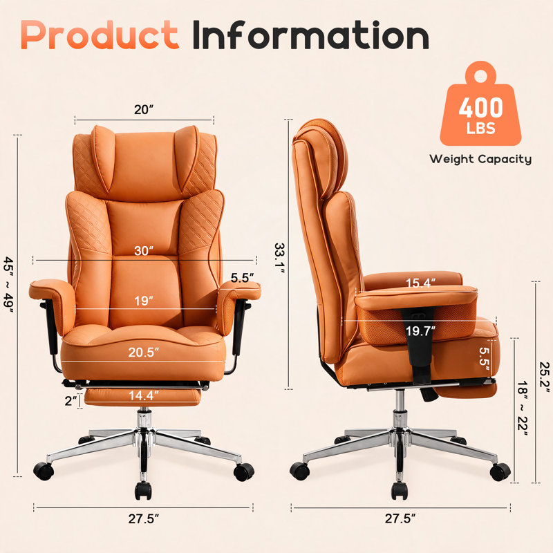 Fauteuil de bureau ergonomique en similicuir avec repose-pieds, Orange
