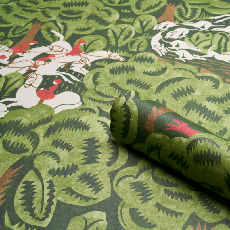 Schumacher X The New Yorker, papier peint de la chasse au renard de Margaret Schloeman, Vert forêt