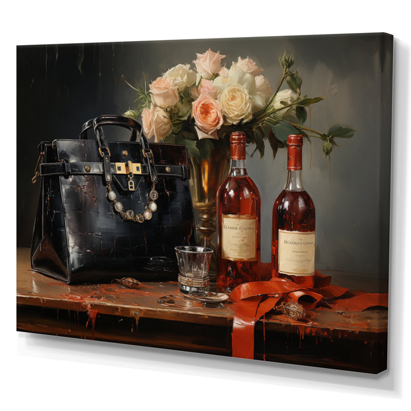 Vin et sac à main de luxe - reproduction sur toile, Toile tendue, H 24 po x l 32 po x P 1 po