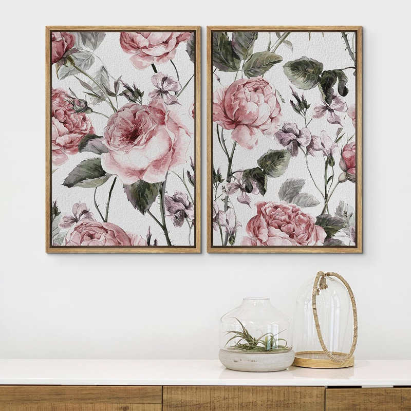 Aquarelle, beaux-arts, bouquet de roses roses, images murales botaniques et bohémiens romantiques modernes - ensemble de 2 reproductions sur toile flottante