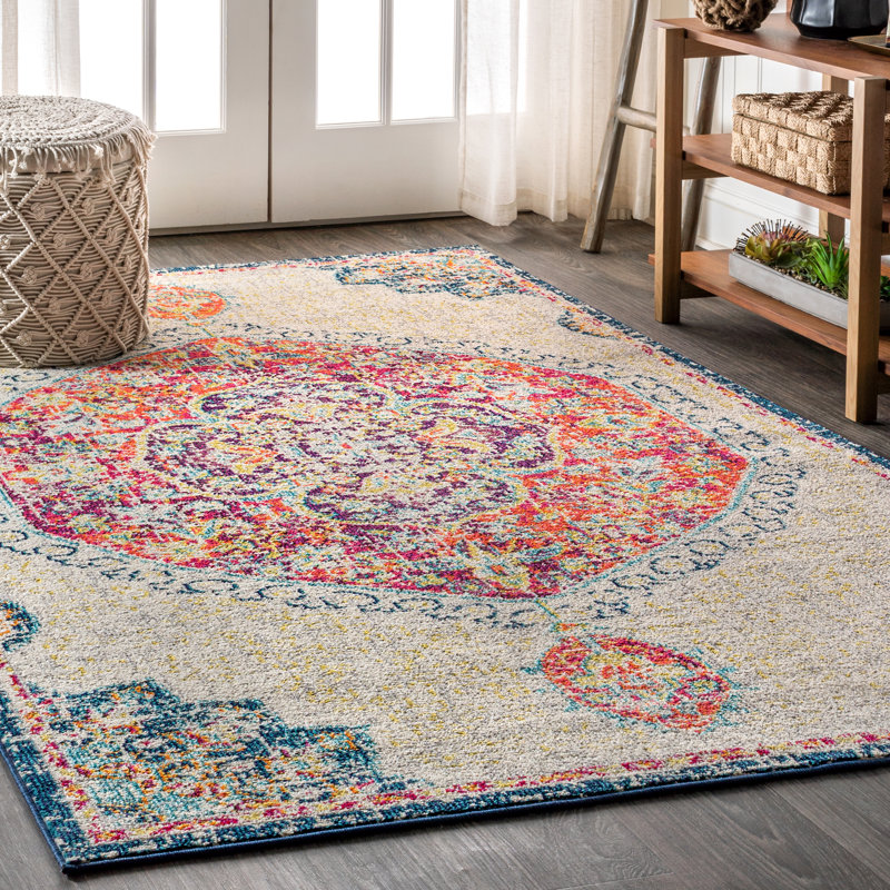 Lathan Bohemian FLAIR Boho Vintage Medallion Cream/Orange Rug, Rectangle 4' x 6'