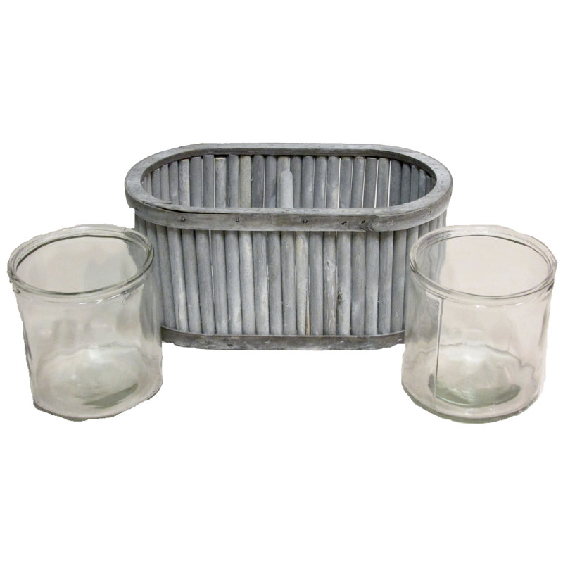 Ensemble de vase de table en verre double 3 pièces en bois ovale délavé Poteau