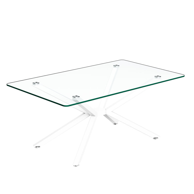 Table basse de 39,57 po en verre trempé transparent avec pieds contemporains en métal blanc, fonctionnelle dans divers espaces intérieurs, étable rectangulaire simple et idéale pour le décor du salon, installation facile