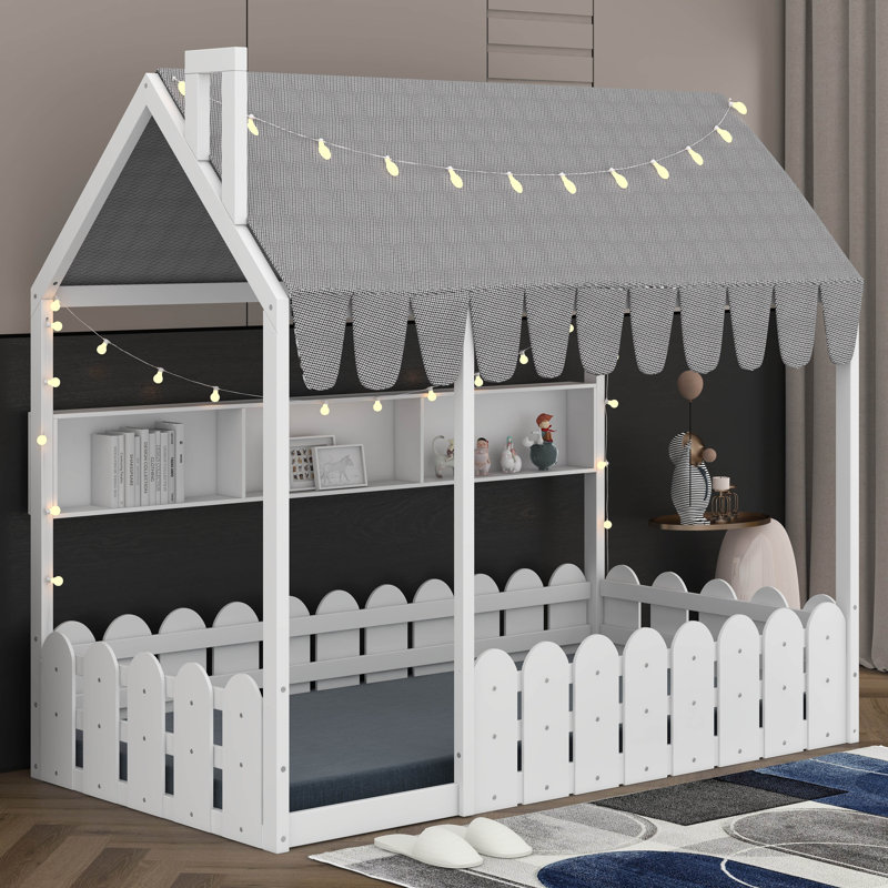 Lit simple au sol avec garde-corps, lit simple avec tente, lumières et 3 tablettes de rangement, Blanc