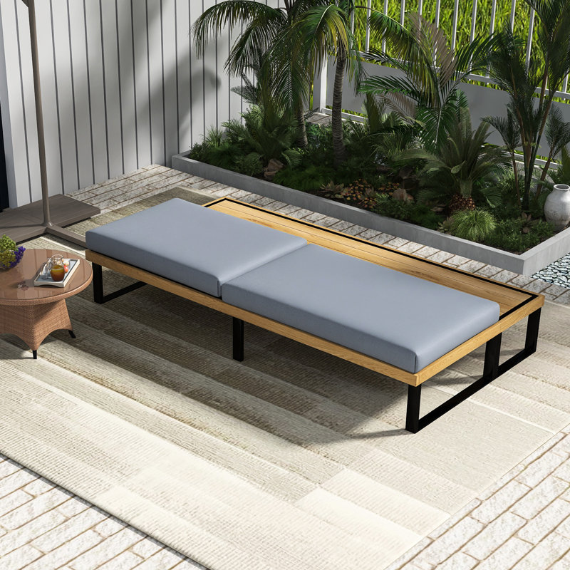 Outdoor Chaise Lounge Chair | 5-Position Adjustable Backrest | Reclining With Cushion In Gary | Patio Lounger With Wood Side Table | Sturdy Frame For Poolside  Garden, And Backyard