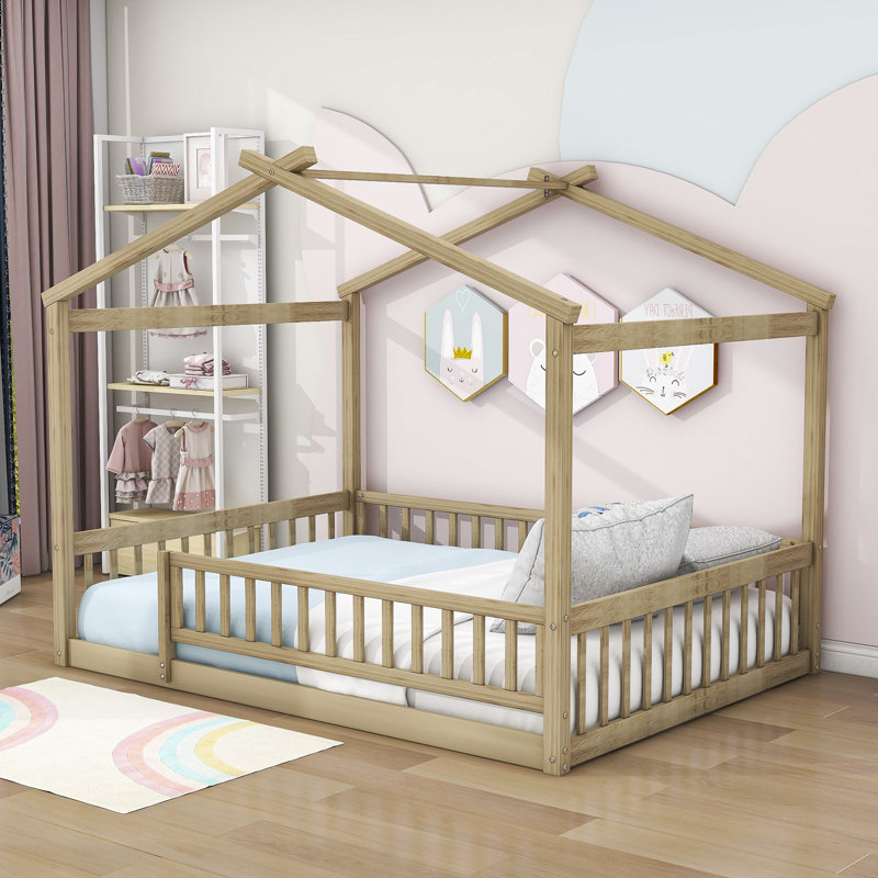 Hayti Wooden Platform Bed with Fence and Slats, Full, Natural