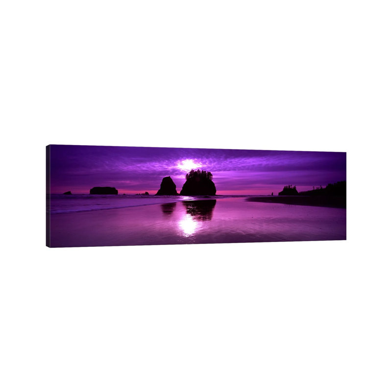 Silhouette Of Sea Stacks At Sunset, Second Beach, Olympic National PArk, Washington State, USA by Panoramic Images - Wrapped Canvas Panoramic Print