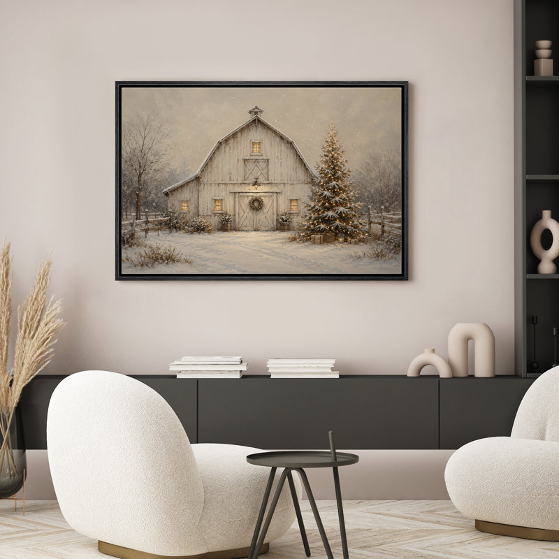 «White Farmhouse Barn» avec arbre de Noël illuminé, reproduction d'art sur toile encadrée dans la chambre principale, Black