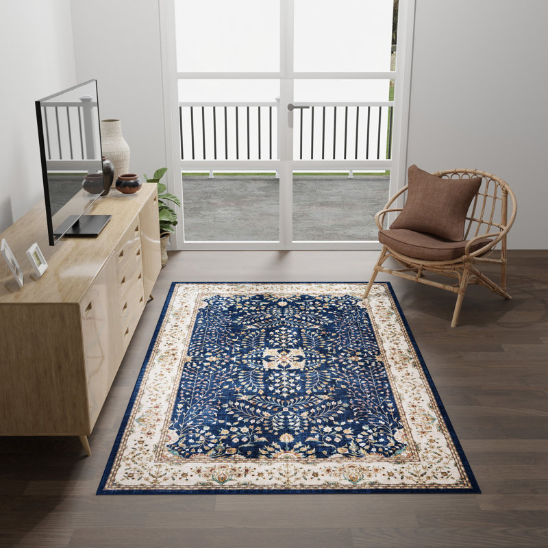  Tapis d'intérieur lavable à la machine Everyday Chic, imprimé en flanelle de polyester doux avec envers antidérapant, bleu marine Seda 6 x 9
