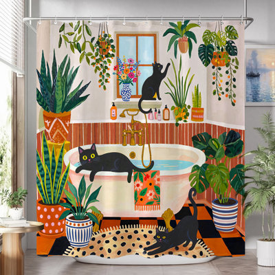 Cute Cat Dopamine Illustration Shower Curtain, Funny Matisse Tropical Plants Black Kitty Colorful Bathroom Decor, 72x72 inch