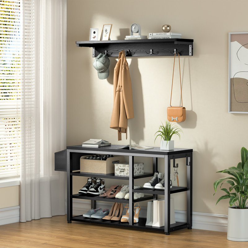 Moumen 19.7'' H×35.1'' W Entryway Organizer - Modern Wood & Iron Storage with Bench, Hooks & Shoe Cubbies, Brown