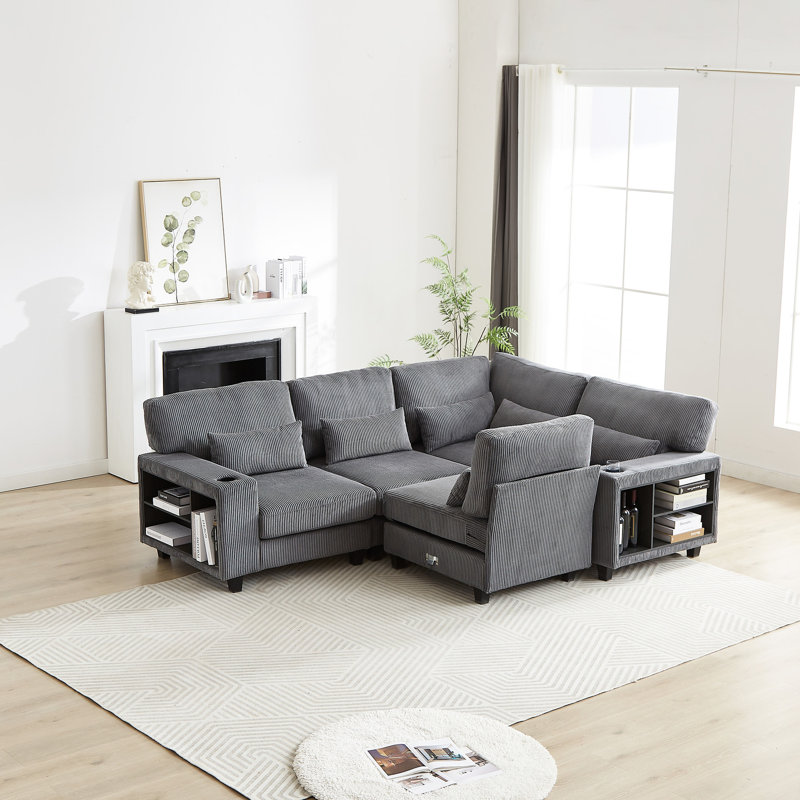 Canapé modulaire 5 pièces avec rangement pour les bras et porte-gobelet, revêtement en velours côtelé pour salon, chambre à coucher, salle de projection moderne