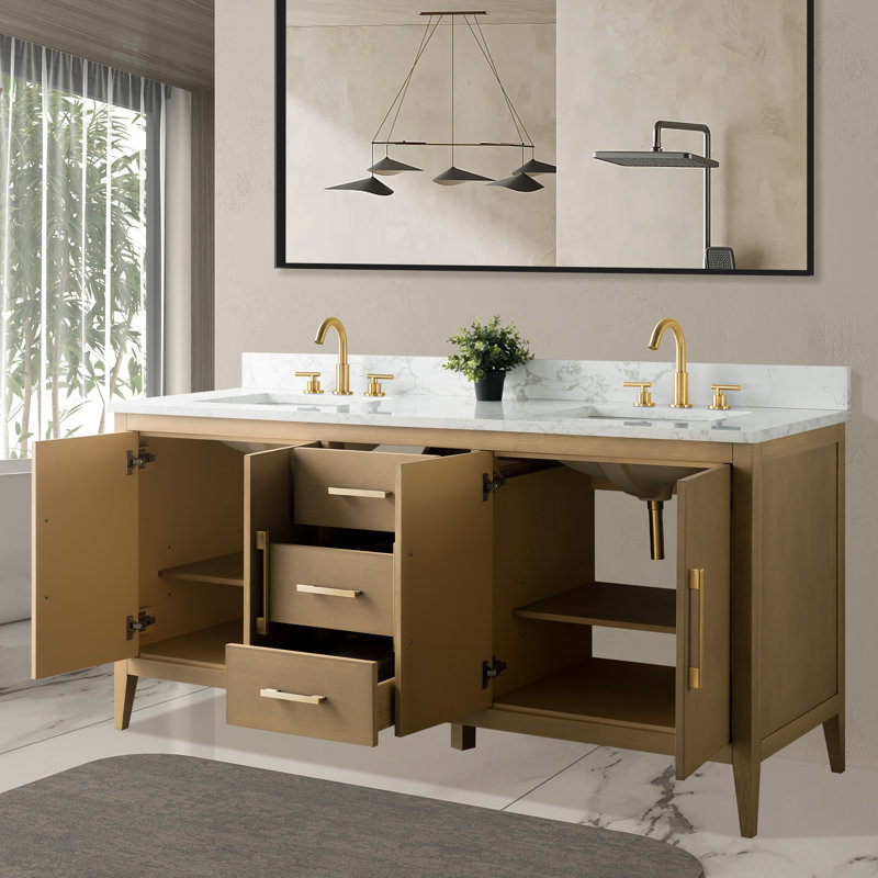 72'' Double Bathroom Vanity with Engineered Marble Top, Brushed Gold, Natural Oak