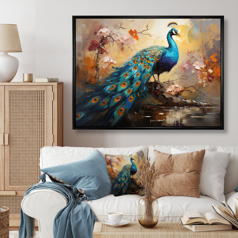 «Peacock Expressionist Portrait III - Peacock», art mural encadré, Cadre flottant noir, 16" H x 32" W