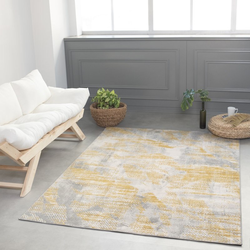Tapis en polyester abstrait doré et gris de la collection Lela, Rectangle 7 pi 6 po x 10 pi 6 po