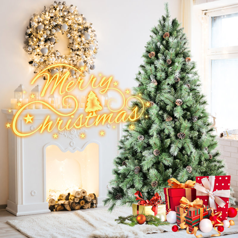 Arbre de Noël de 84 po avec 84 branches de pin, branches mixtes, charnières faciles à assembler, support en métal 1348 et base à aiguille dure à installer pour les décorations des Fêtes