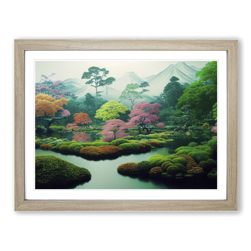Japanese Garden - Single Picture Frame Print, 46cm H x 64cm W x 2cm D, Oak