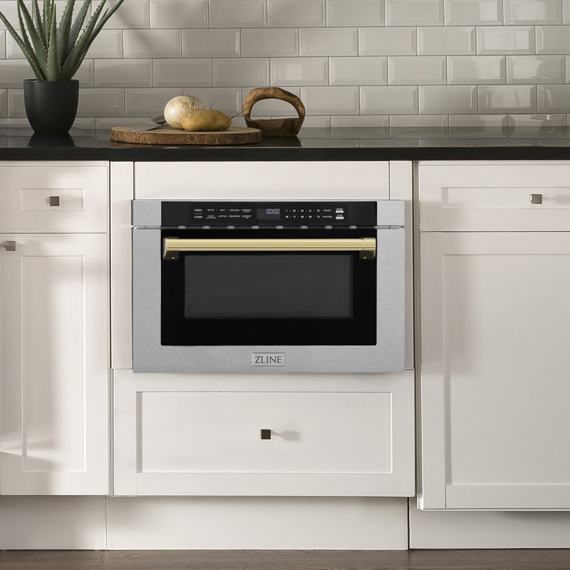 ZLINE Autograph Edition 24 in. 1.2 cu. ft. Built-in Microwave Drawer with a Traditional Handle in Satin Stainless Steel, Gold