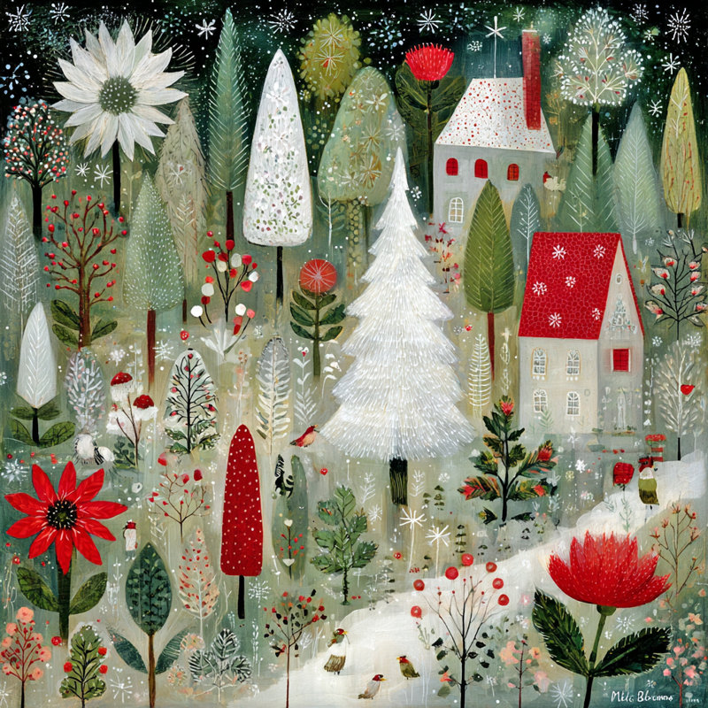 «White Tree Winter Village», art mural sur toile tendue, H 40 po x l 40 po