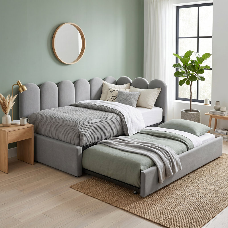 Upholstered Velvet Daybed with Trundle Bed, Grey