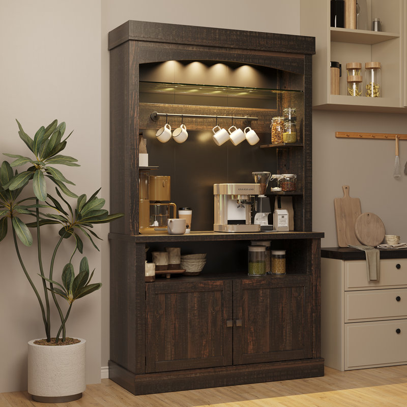 Bar 72 "Farmhouse avec lumières à DEL, support pour micro-ondes et buffet de rangement pour garde-manger, Brun