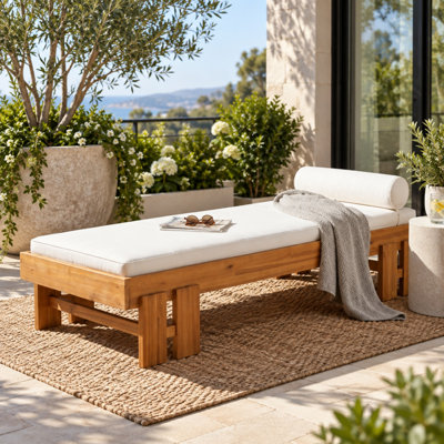 Solid Wood Patio Daybed with Cushion and Bolster Pillow
