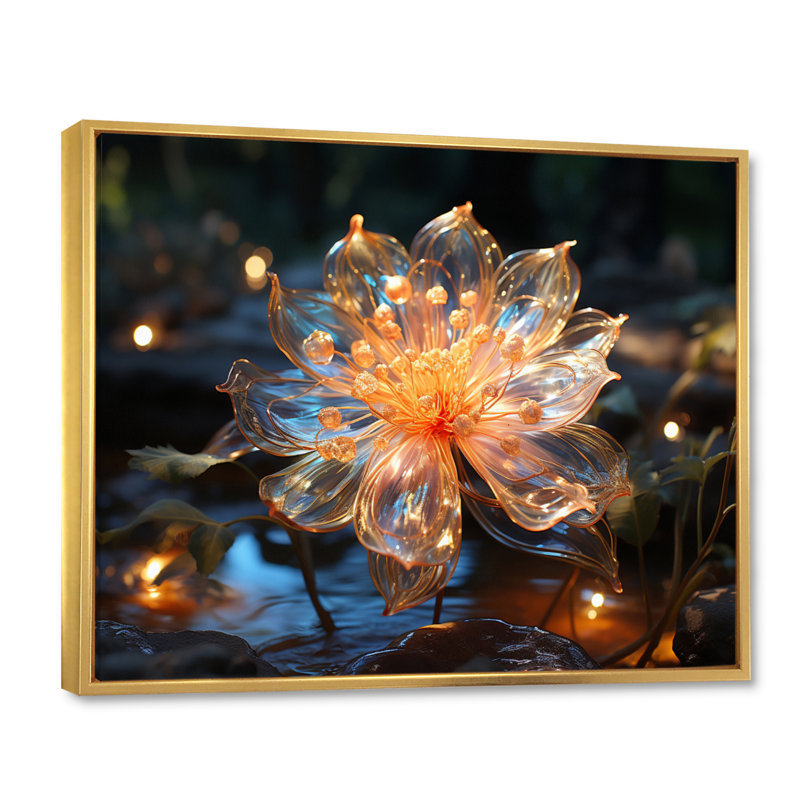 Fleurs de cristal pêche - impression, H 34 po x l 44 po x P 1,5 po, Cadre flottant doré