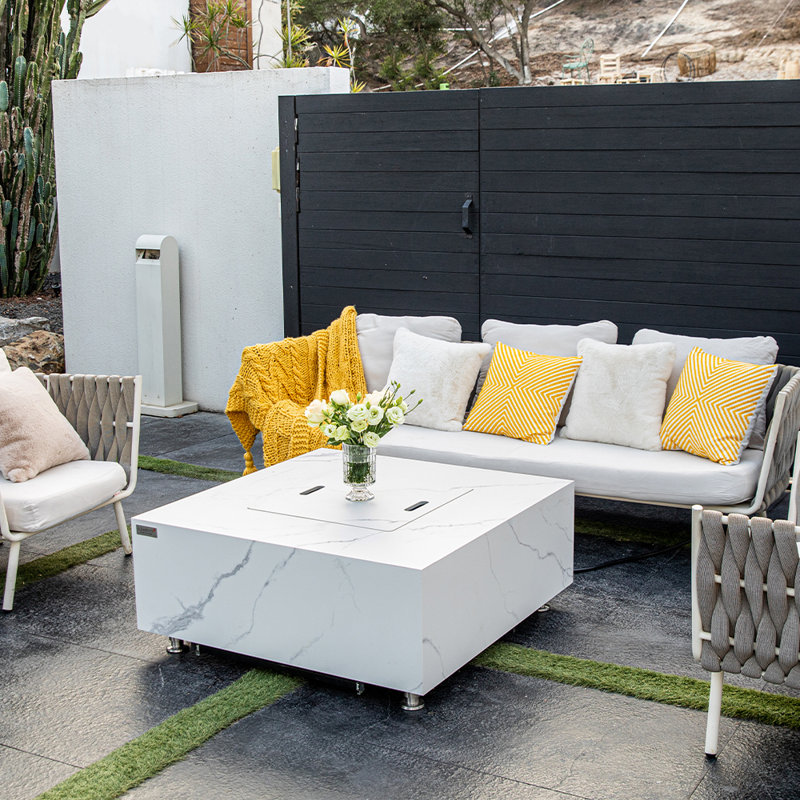 Bianco / Sofia 40" Outdoor Marble Porcelain Fire Table 60,000 BTU - Includes Fire Glass, Lid & PVC Cover, Propane