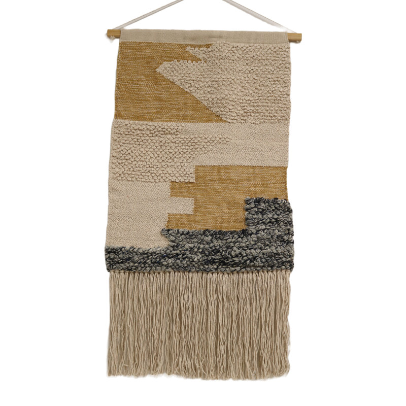 Applique murale en laine et coton macramé avec tringle incluse, Noir / Brun / Jaune, H 45 po x l 24 po