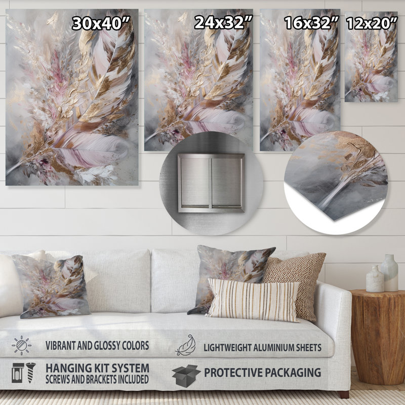 Décoration murale rose en plumes roses Boho Majesty I - Glam Feather, H 40 po x l 30 po