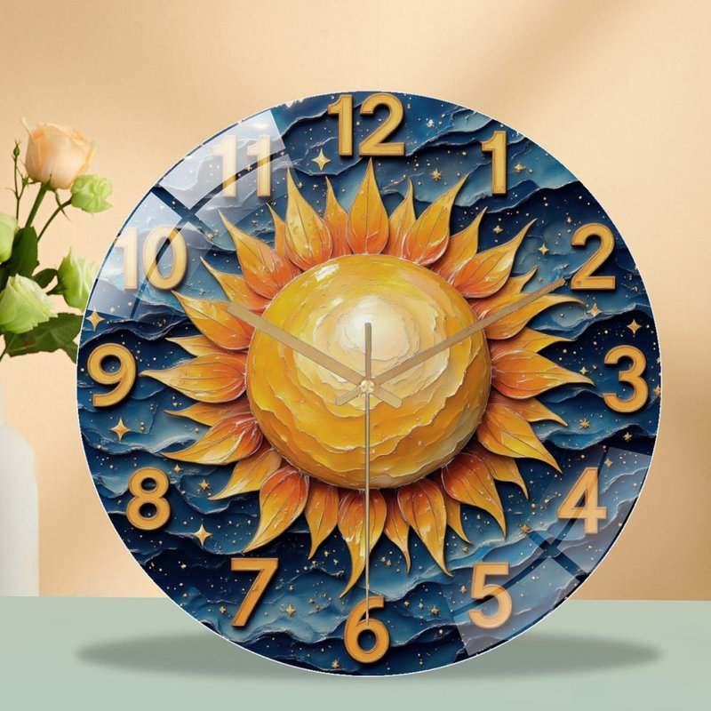 Sun Clock Face Starry Night Art - 12'' Modern Glass Wall Clock