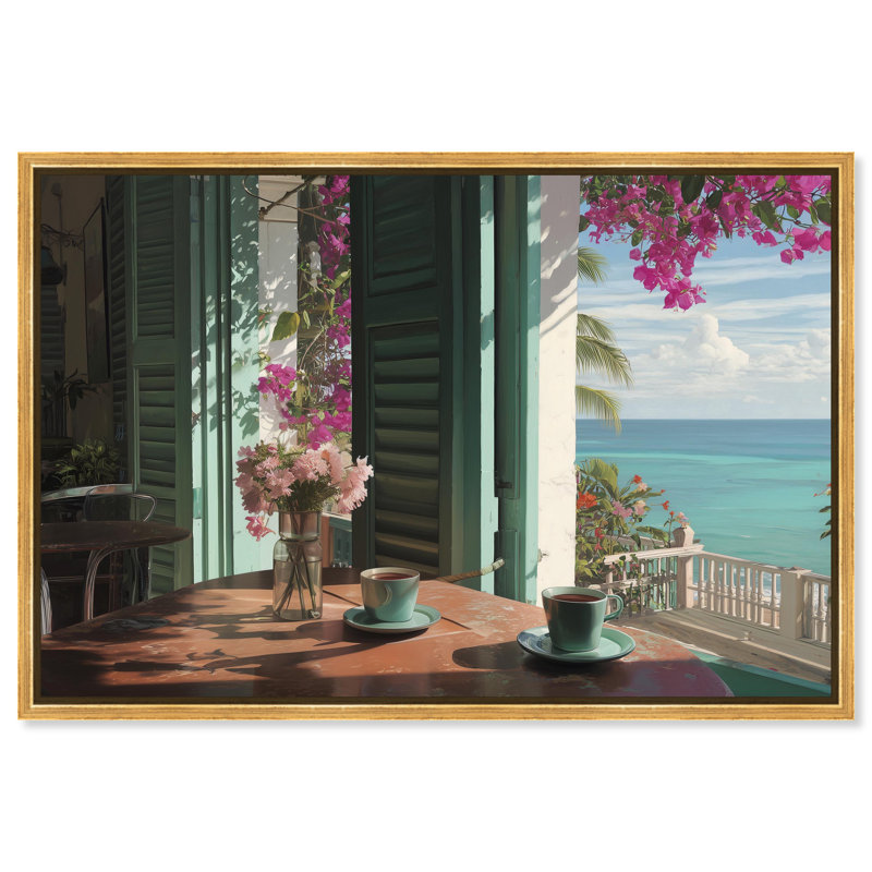 «Morning Coffee Ocean View», reproduction d'art sur toile encadrée par Art Remedy, cadre doré, 30 x 20, 21"H x 31"W