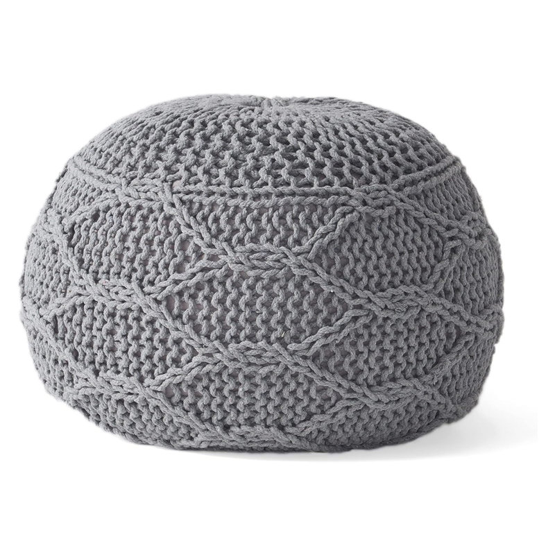 Grey Cotton Pouf Ottoman with Modern Geometric Design, 20-Inch Cube Footrest