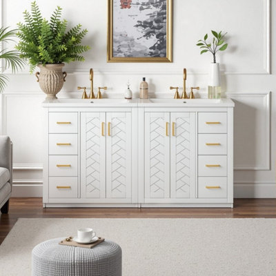 Meuble-lavabo double 60 po avec lavabos en céramique, armoire de rangement en bois massif