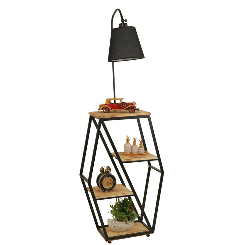 Lampe sur pied noire élégante avec bibliothèque 100% bois de sapin Luro, 65 x 39,4 x 64,6 pouces | Corps en métal durable, douille E27 de 60 W maximum | Parfait pour les coins lecture et les espaces de vie modernes | Design élégant avec peinture él