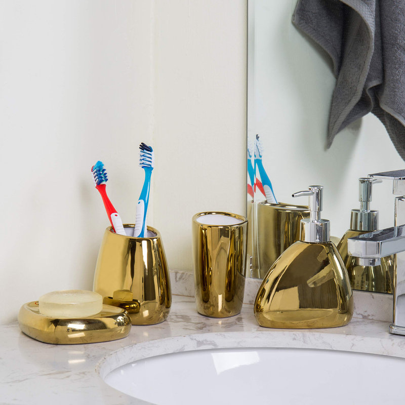 Ensemble de 4 accessoires de salle de bain dorés avec porte-brosse à dents, distributeur de savon, gobelet et porte-savon, accessoire de rangement de salle de bain pour décoration intérieure moderne, céramique complète