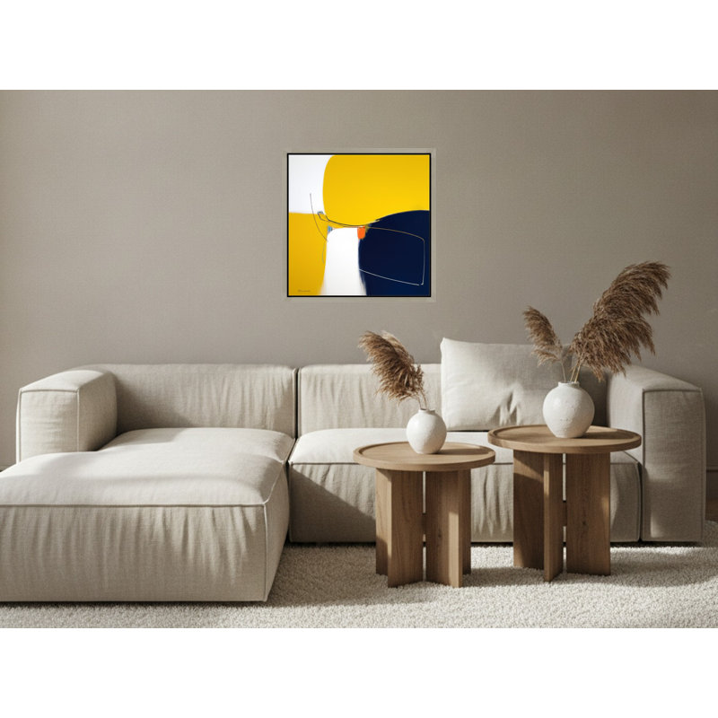 Abstrait jaune et bleu marine, composition d'art sur toile encadrée, 36" H x 36" W, Silver