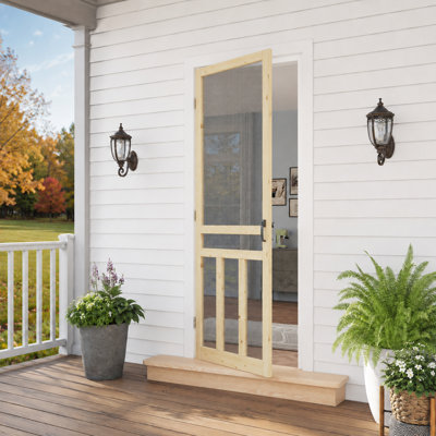 32"x 80" H Pine Wood Exterior Screen Door (Paintable), Insect-Resistant, Kid- and Pet-Friendly, Includes Screen Door Handle