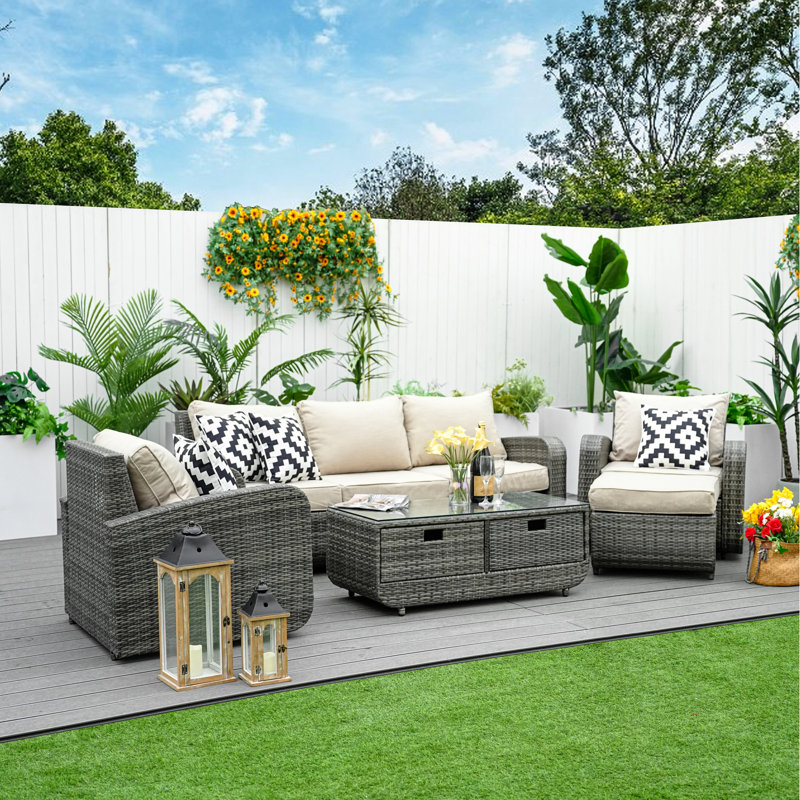 Amayas Wicker 6 - Person Patio Conversation Set with Cushions, Grey