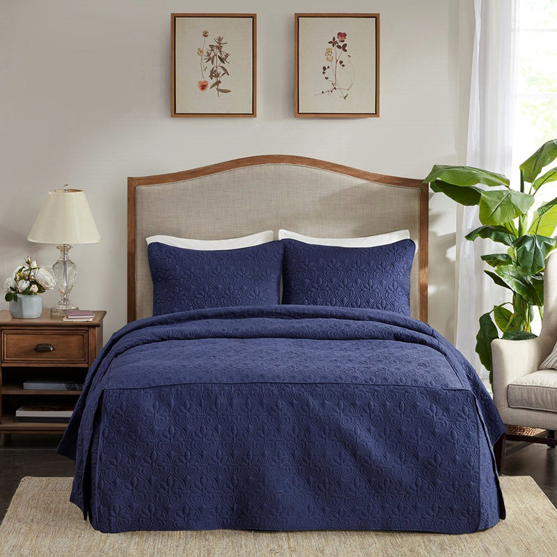 Couvre-lit bleu marine très grand - 3 pièces en coin, surface en microfibre douce avec coins plissés, rembourrage à 100%