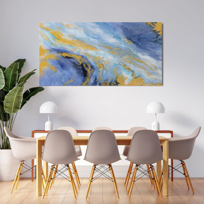Canvas Wall Art Decor Blue Gold Wall Art Prints Large Abstract Wall Art For Living Room Art Work For Wall Decor Minimalist Azure - Gold Fluid Symphony Artwork For Walls Home Office Decor 20"X40"