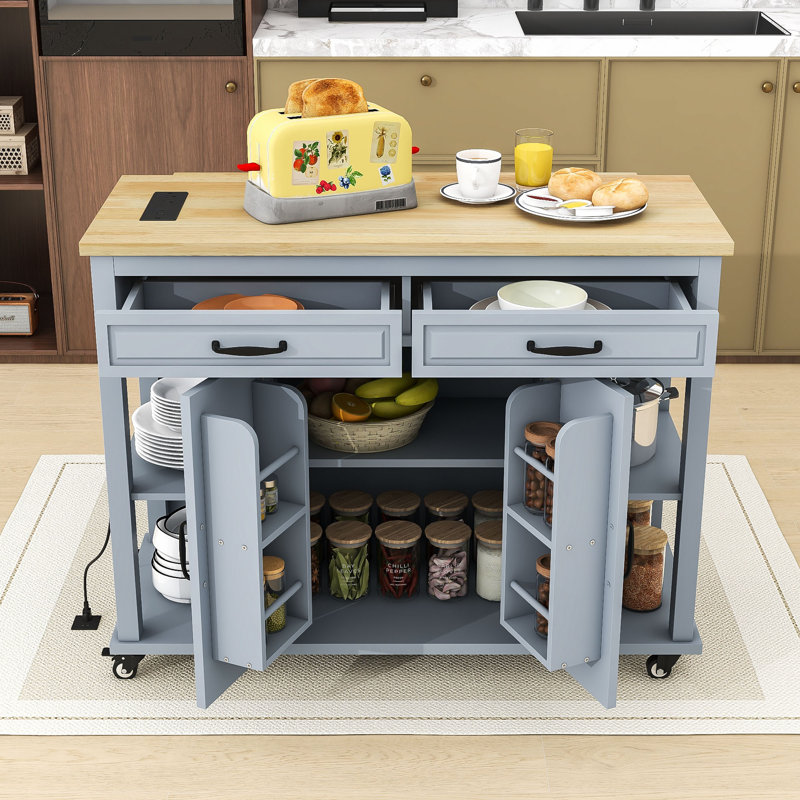 Expandable Mobile Kitchen Island Cart with Built-in Charging Station and Internal Storage, Gray Blue
