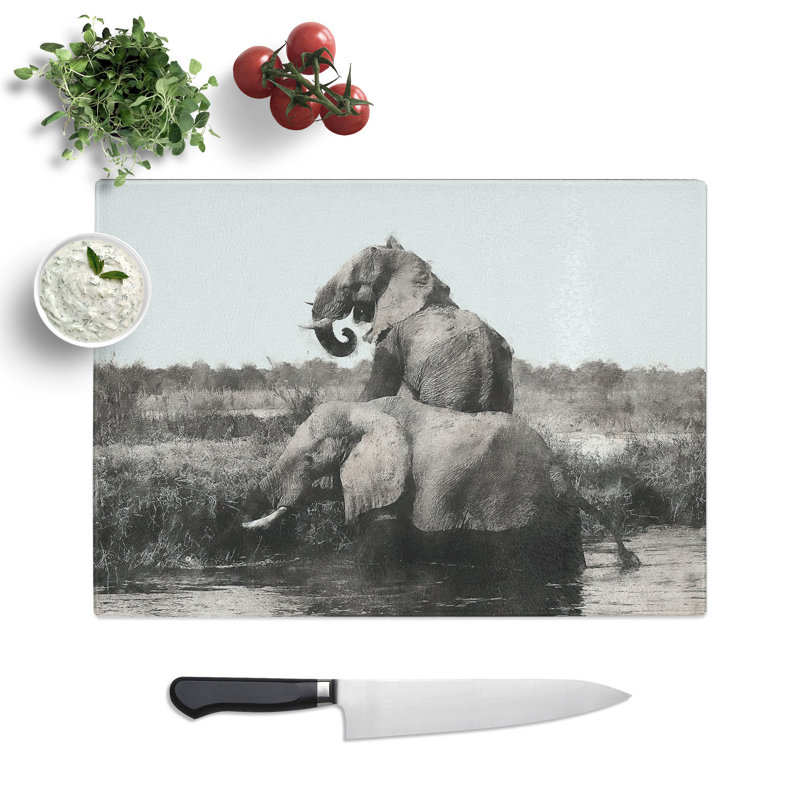 Tempered Glass Two Elephants Painting Chopping Board, 28.5 cm x 39 cm