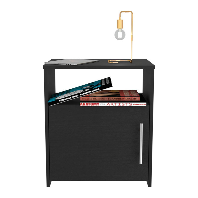 Table de chevet, armoire à une porte, poignée en métal, une tablette, plateau supérieur, noir, Noir