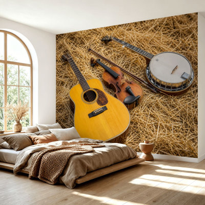 Papier peint adhésif pelez et collez Banjo, guitare acoustique, violon, paille, papier autocollant amovible, décoration murale pour salon, chambre à coucher H 69 po x l 96 po
