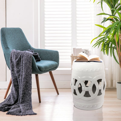 Tabouret 10,5 "x 17" en céramique pour intérieur / extérieur, glacis blanc, table d'appoint élégante, décor gracieux émaillé, polyvalent intérieur et extérieur, joli jardin