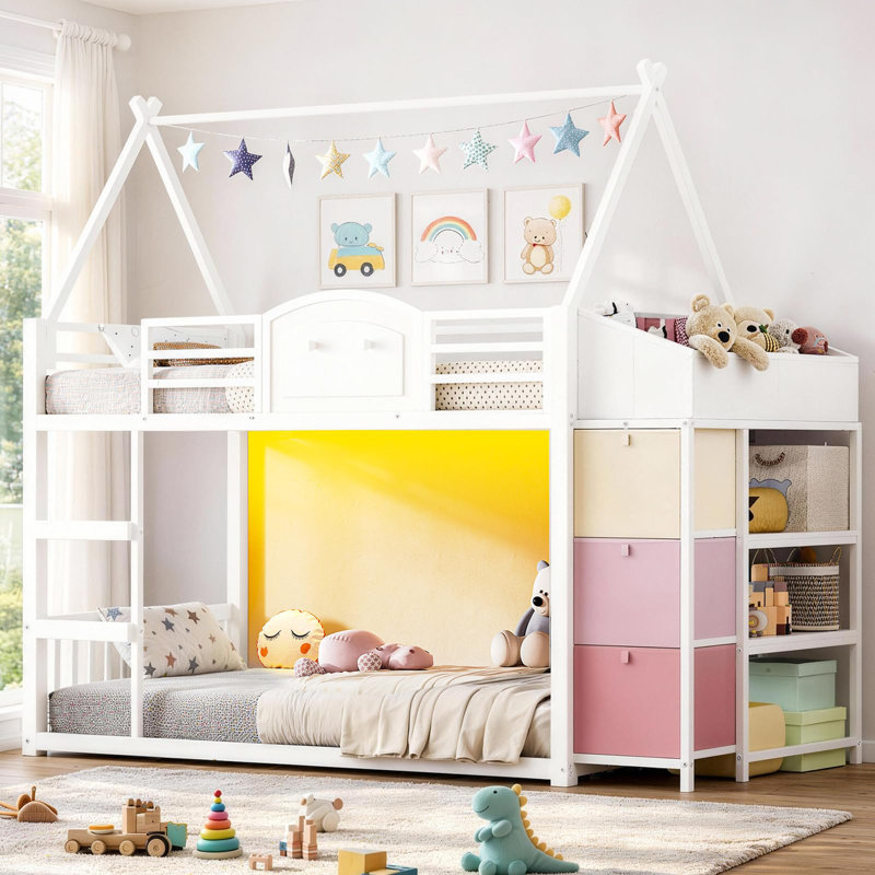 Lit mezzanine avec 3 tiroirs et bibliothèque à 2 niveaux Lit mezzanine pour enfants avec 2 boîtes de rangement blanches