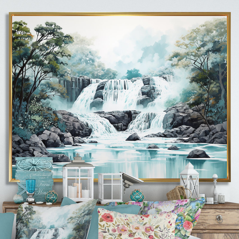 «Waterfall Cliff Scenery Magic II», reproduction sur toile, H 34 po x l 44 po x P 1,5 po, Cadre flottant doré